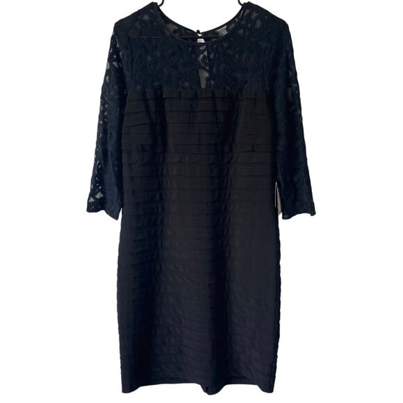 NEW ADRIANNA PAPELL Lace Sleeve Shutter Pleated Sheath Dress Size 14 Black - Picture 2 of 6